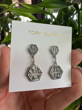 Tory Burch Hexagon Logo Drop Earrings - Silver